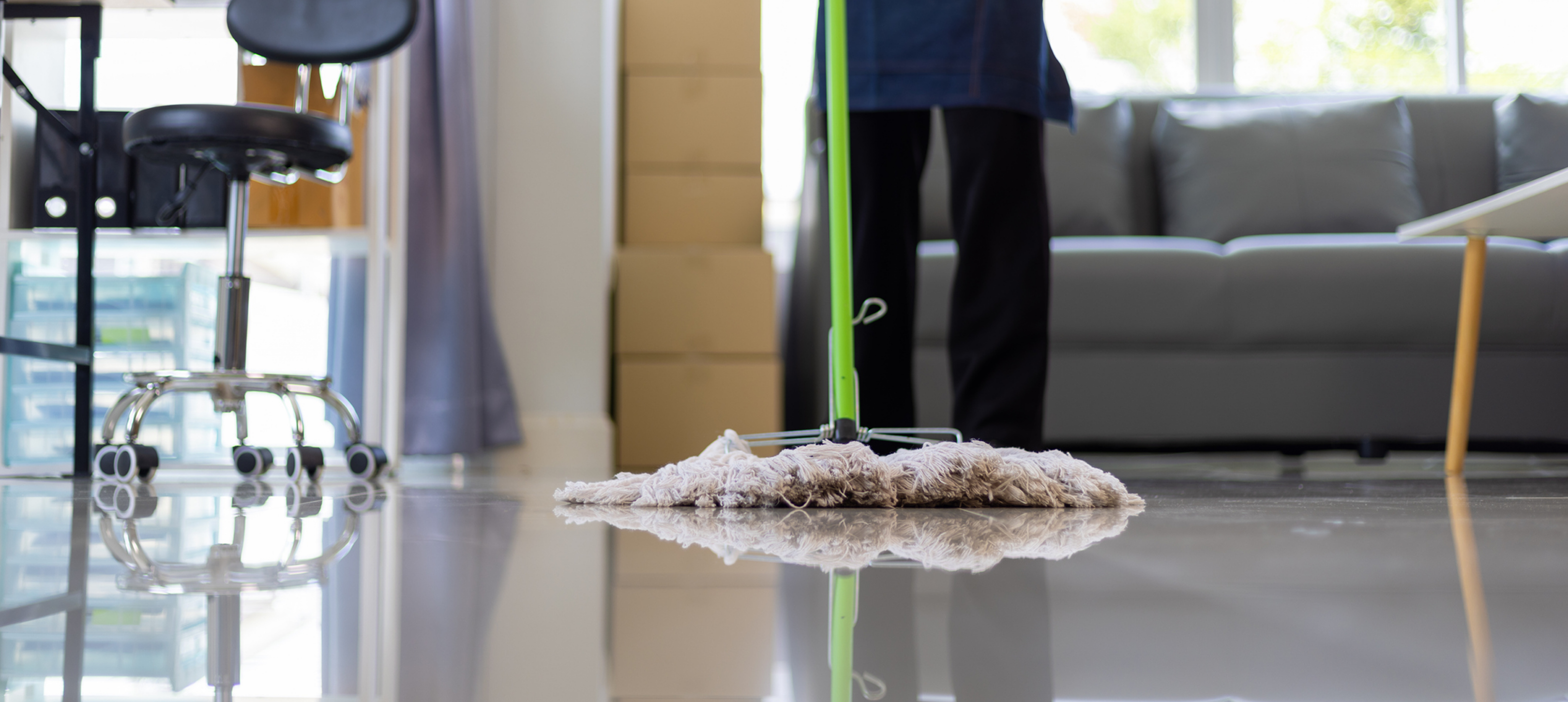 Mopping a shiny office floor