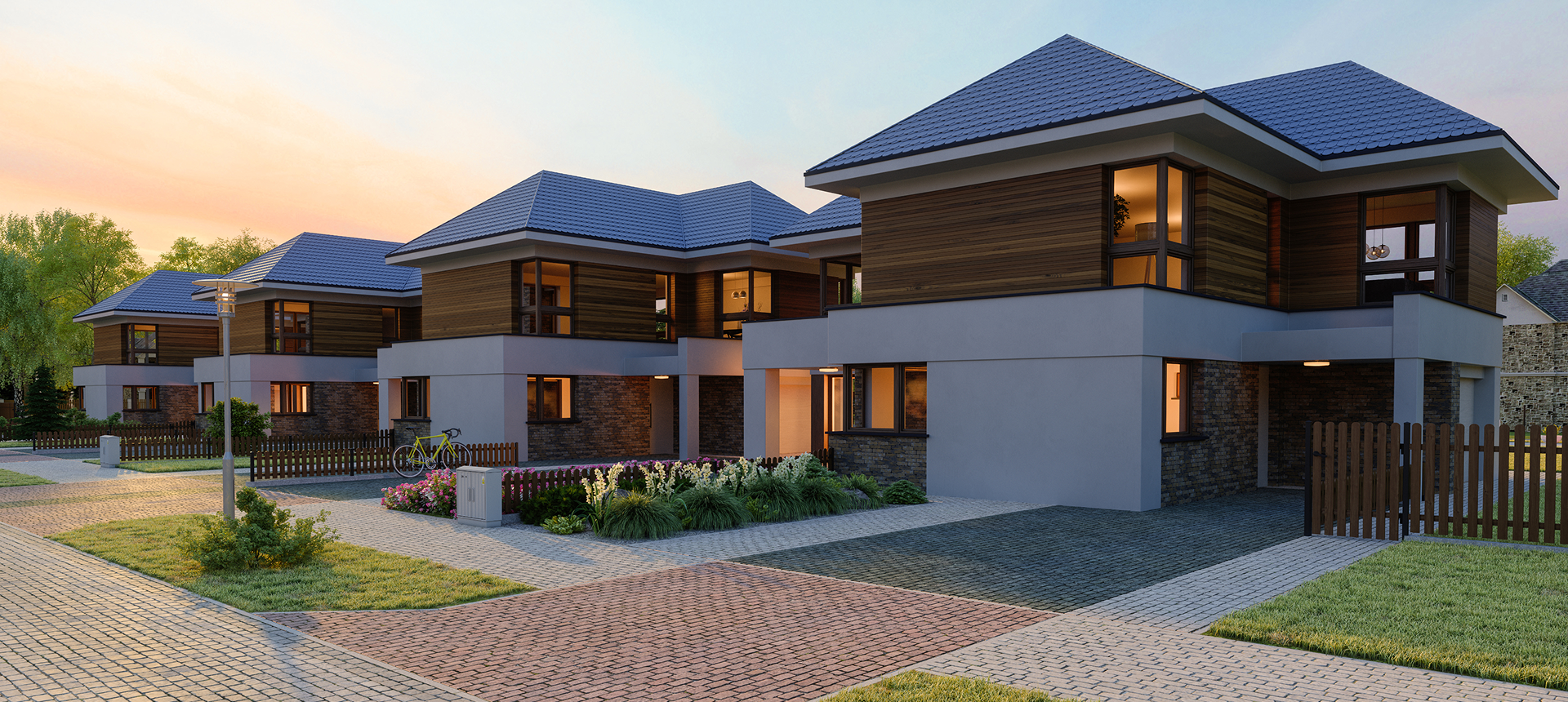 Row of contemporary two-story homes