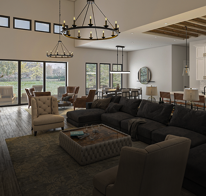 Modern living room with dark furniture